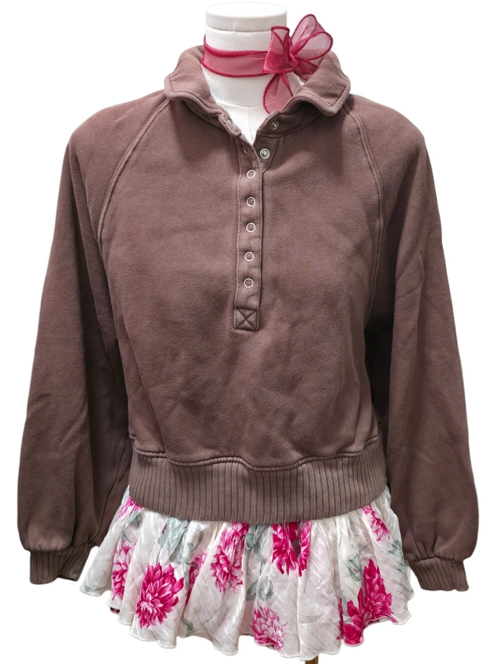 Aerie dark brown snap button up oversized collared top